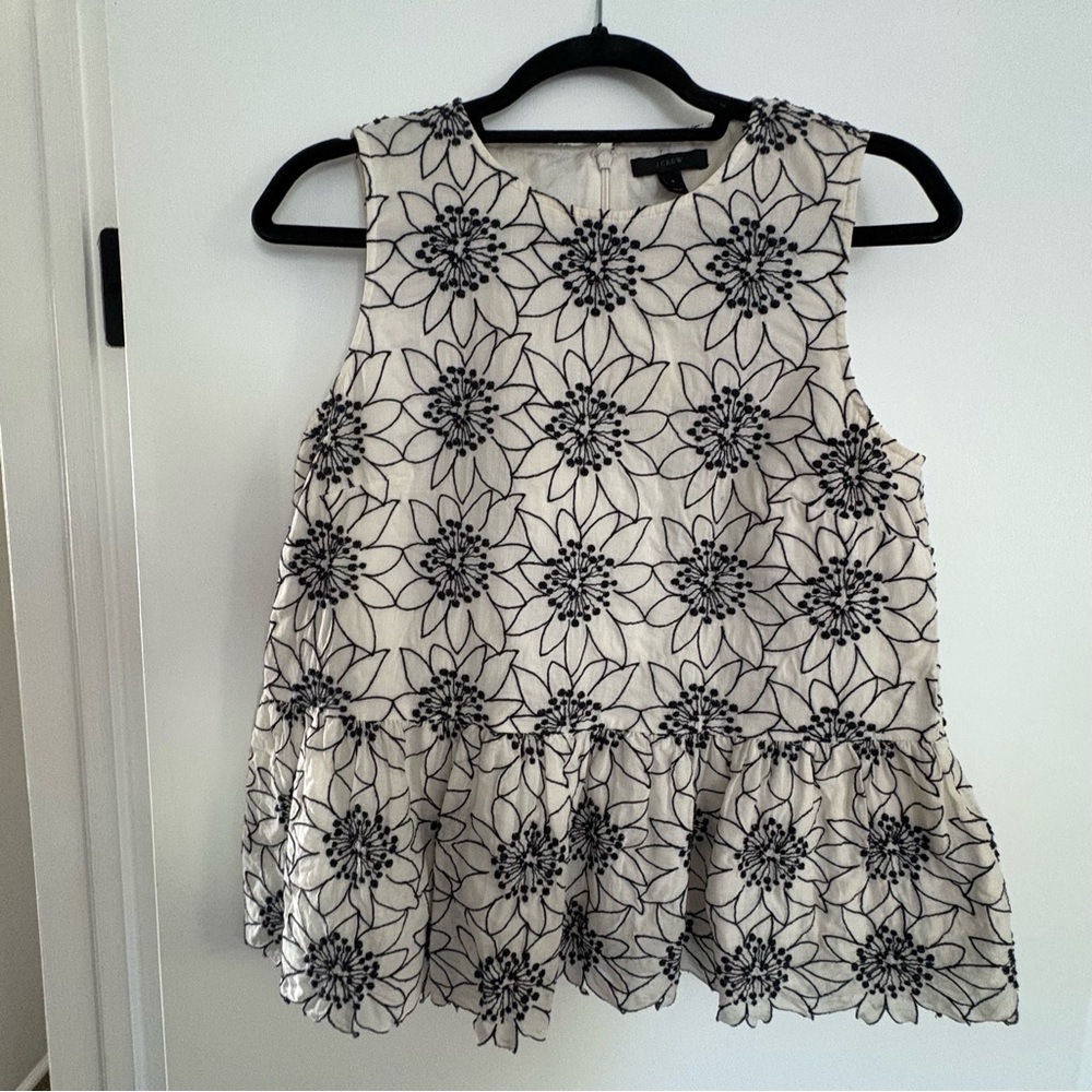 J. Crew Black and White Embroidered Floral Blouse